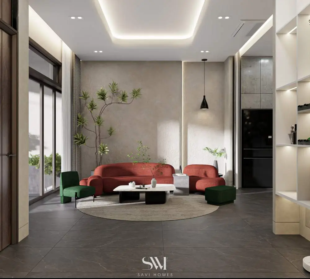 NGOC HOUSE – BÌNH CHÁNH, TPHCM 1 Thiết kế nội thất phòng khách hiện đại trẻ trung với sơn hiệu ứng tông màu be, nhấn sofa và armchair màu nổi. Hệ trần và tường cong phảng phất nét Wabi Sabi